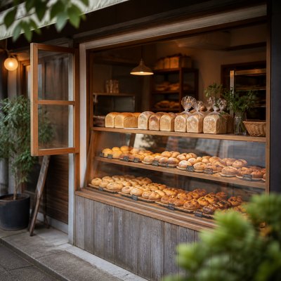 パンが見える小さなベーカリーの店内写真