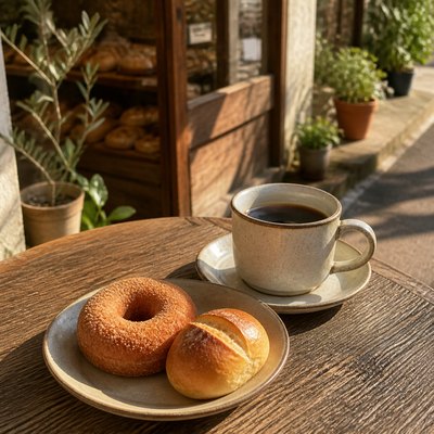 コーヒーと小さなパンを木のテーブルに置いた写真