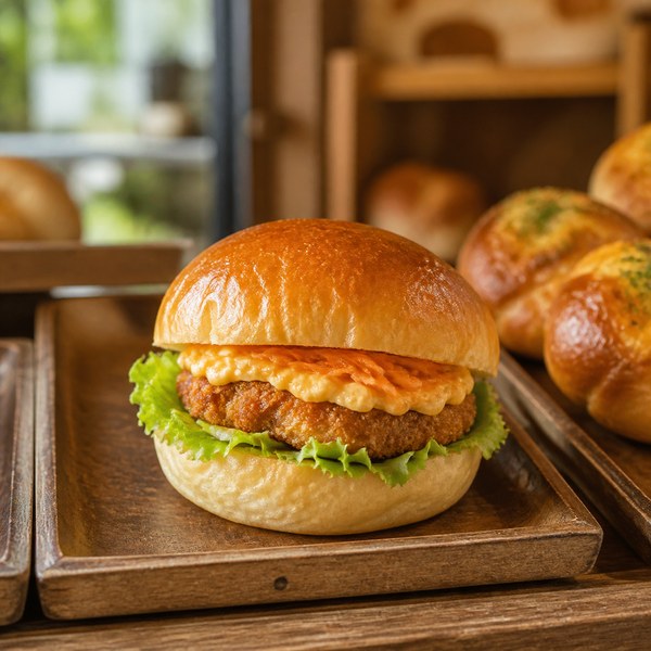 木のトレーに置かれたバーガー系の惣菜パン